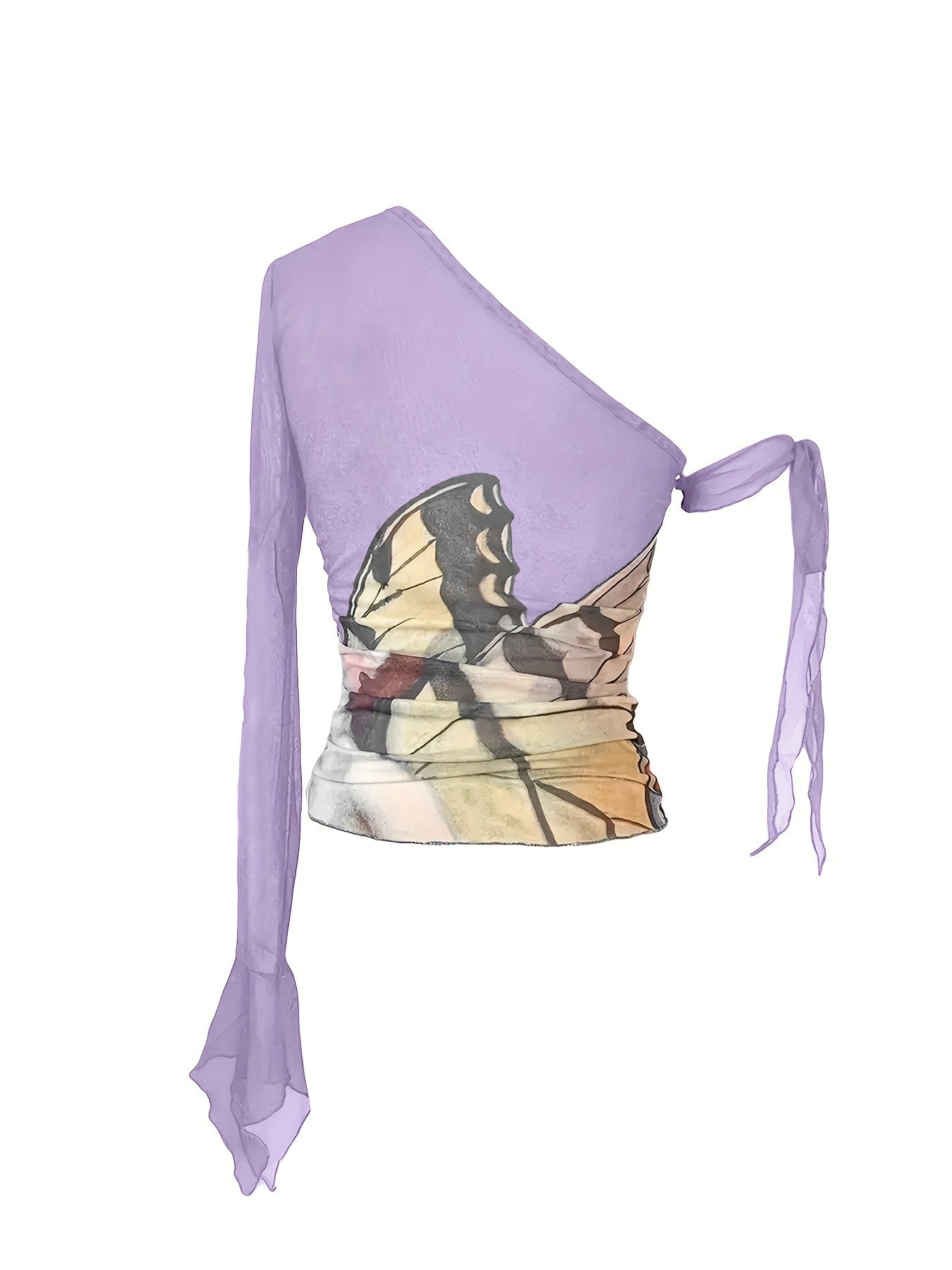 Figure Print Ruffle Trim Asymmetric T-shirt, Y2K Sheer Mesh Long Sleeve Top, Women's Clothing