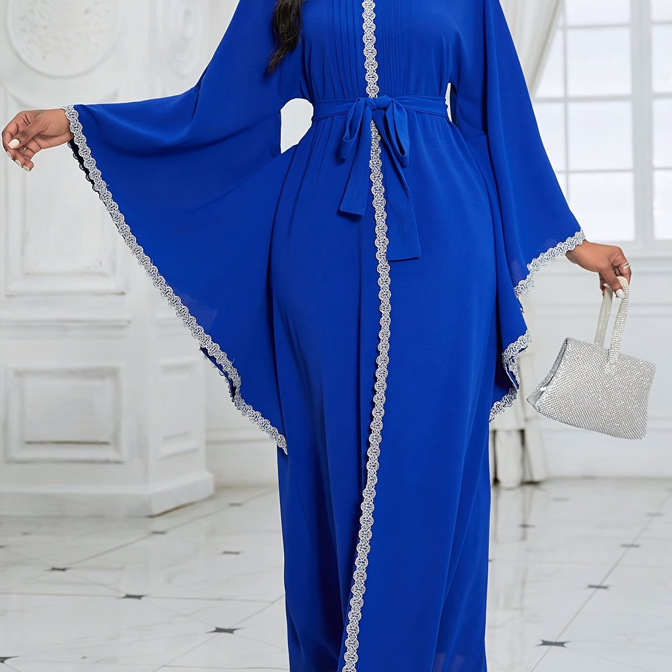 Contrast Lace Flare Sleeve Dress, Elegant Crew Neck Tied Waist Ankle Length Dress For Party & Banquet, Women's Clothing Wedding/Occasion/Engagement/Ceremony/Evening dress