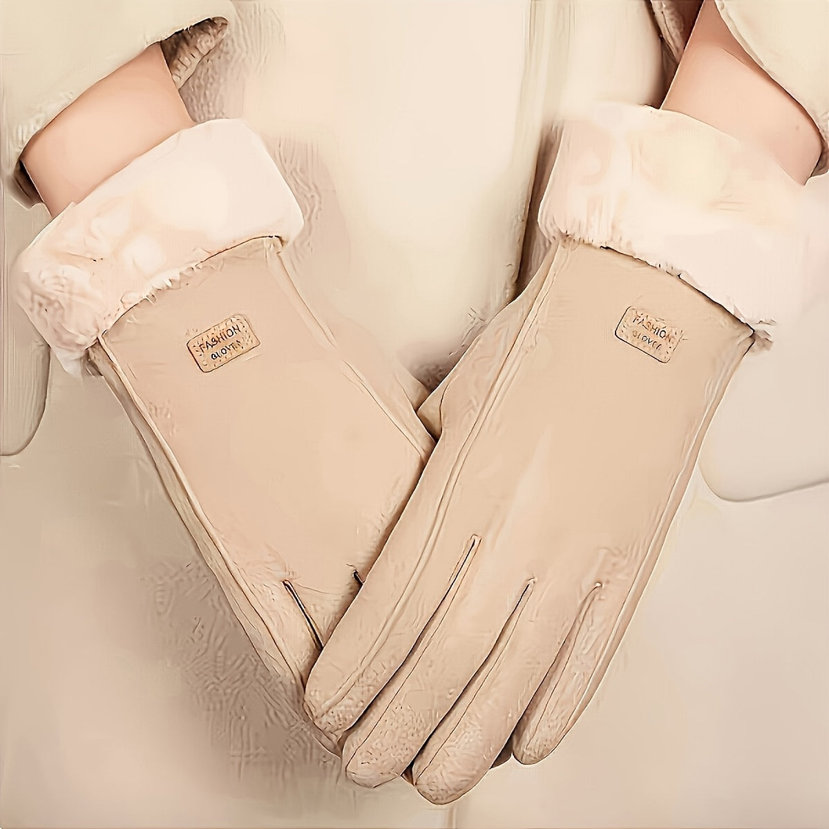 Women'S Beige Touchscreen Gloves - Thick Warm Plush Lined Full Finger Mittens for Winter, Knitted Polyester, Non-Stretch, Hand Washable, Ideal for Going Out