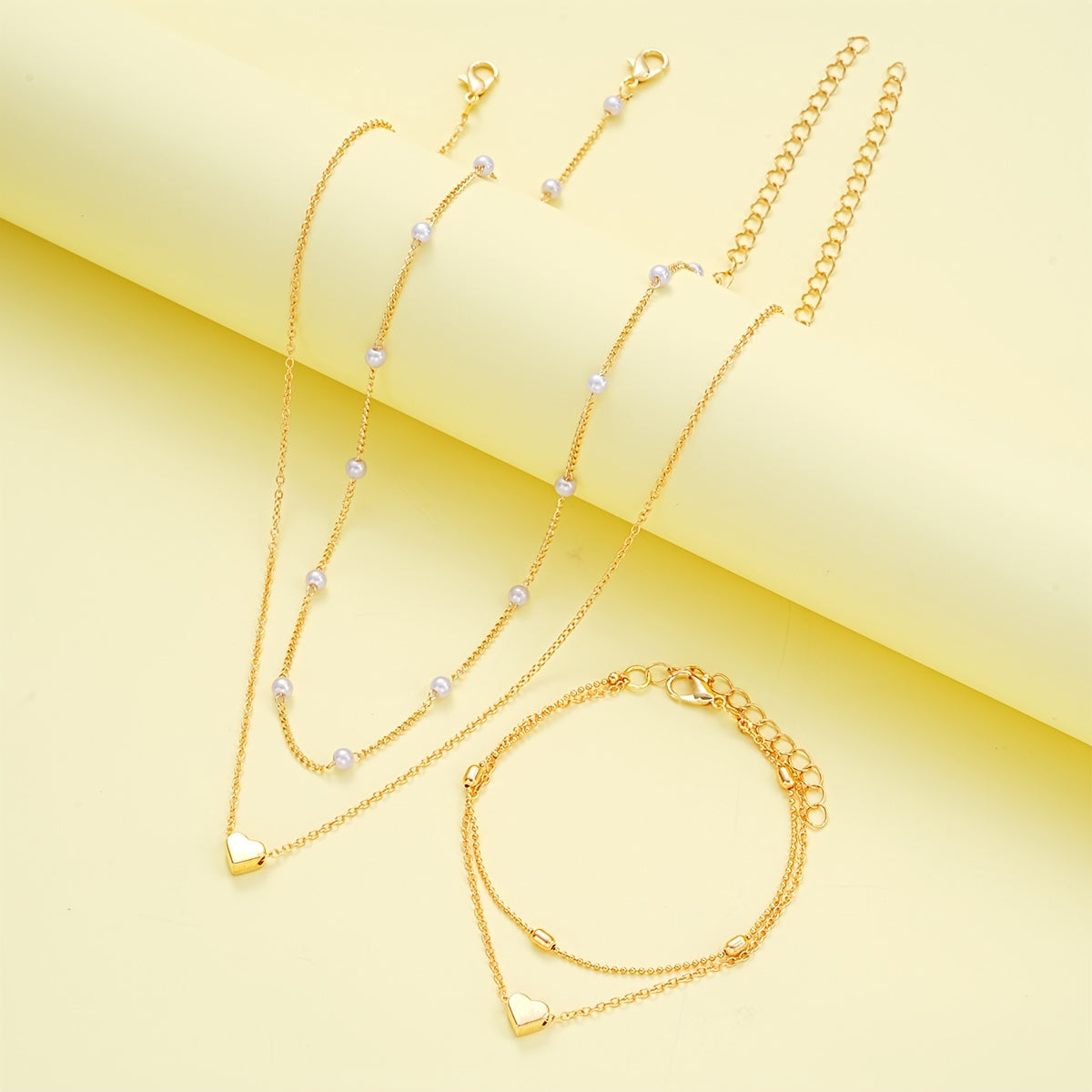 3pcs Simple Heart Imitation Pearl Necklace Bracelet Jewelry Set, Suitable for Women'S Dating, Holiday Gifts, Daily Matching