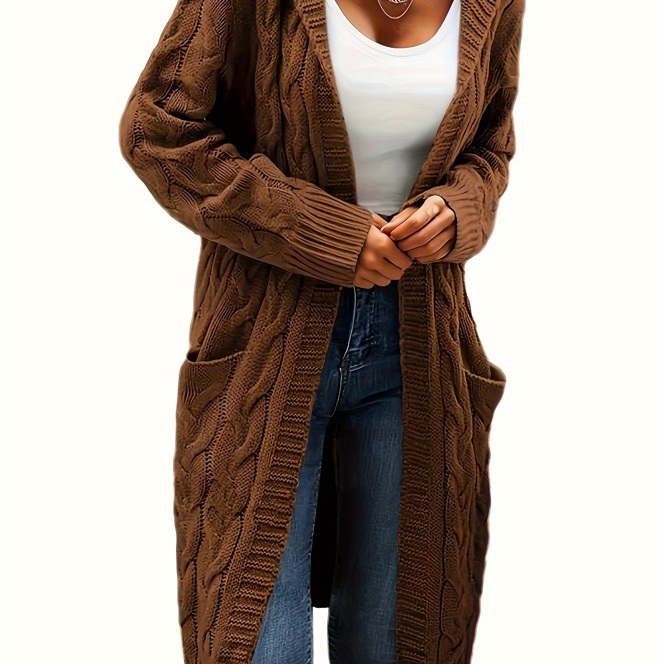 [Open Front] Women's Casual Cardigan - Black Cable Knit, Long Sleeve, Open Front with Pockets - Relaxed Fit for Fall/Winter