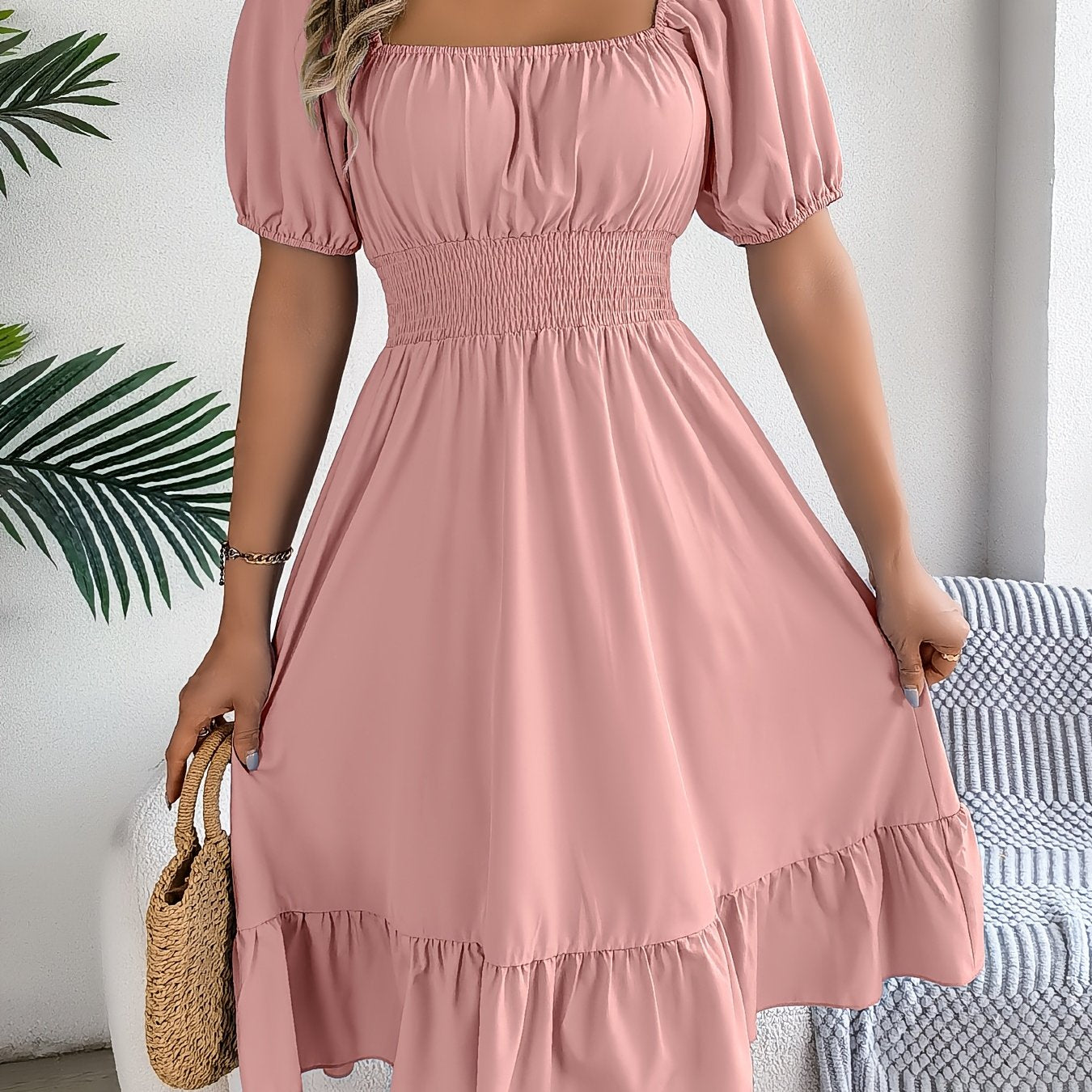 1pc Women'S Elegant Square Neck Short Sleeve A-Line Dress with Ruffle Detail, Polyester Woven Fabric, Solid Color, Spring/Summer/Autumn Collection
