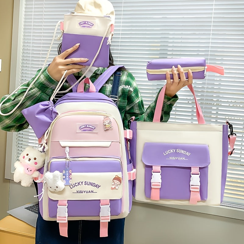 Five-Piece Large Capacity Double Shoulder Bag Women's Fashion Simple Color-Block Casual Backpack (No Pendant, Badge Ladies Travel Bag)