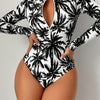 [Elegant Style] Women's Fashion One-Piece Swimsuit - Sexy Black and White Palm Leaf Print, Long Sleeve with Zipper Detail, High Stretch Polyester Fabric, Machine Washable, Bathing Suit