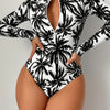 [Elegant Style] Women's Fashion One-Piece Swimsuit - Sexy Black and White Palm Leaf Print, Long Sleeve with Zipper Detail, High Stretch Polyester Fabric, Machine Washable, Bathing Suit