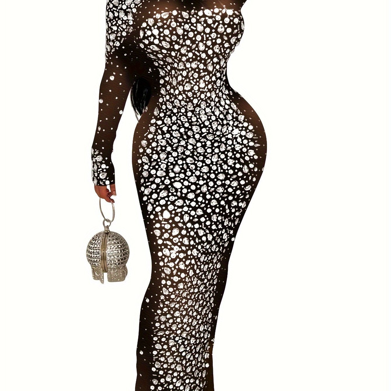 Luxurious Long Sleeve Elegant Rhinestone Dress - Exquisite Skinny Silhouette, Glamorous Formal Design for Upscale Party and Banquet Occasions - Stylish Womens Formal Wear