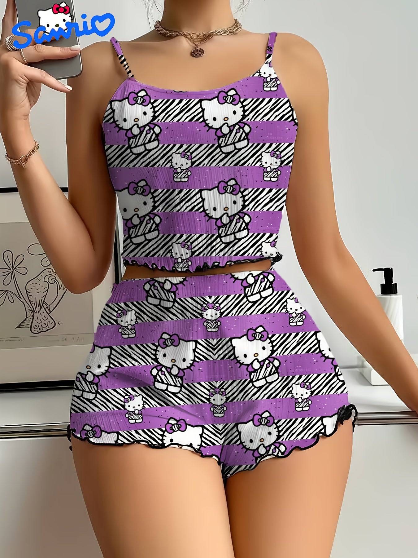 Sanrio for hello kitty Women'S Shorts Set - Elegant Off-Shoulder, Cartoon Print, Polyester Knit Pajamas with Ruffle Detail, All-Season Comfort, Adult Sleepwear, Shorts Set|Playful Print|Polyester Fabric