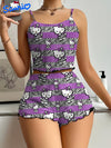Sanrio for hello kitty Women'S Shorts Set - Elegant Off-Shoulder, Cartoon Print, Polyester Knit Pajamas with Ruffle Detail, All-Season Comfort, Adult Sleepwear, Shorts Set|Playful Print|Polyester Fabric