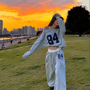 2pcs Women'S Casual Asymmetric Neck Digital Print Sweatshirt And Sweatpants Set, Spring/Autumn