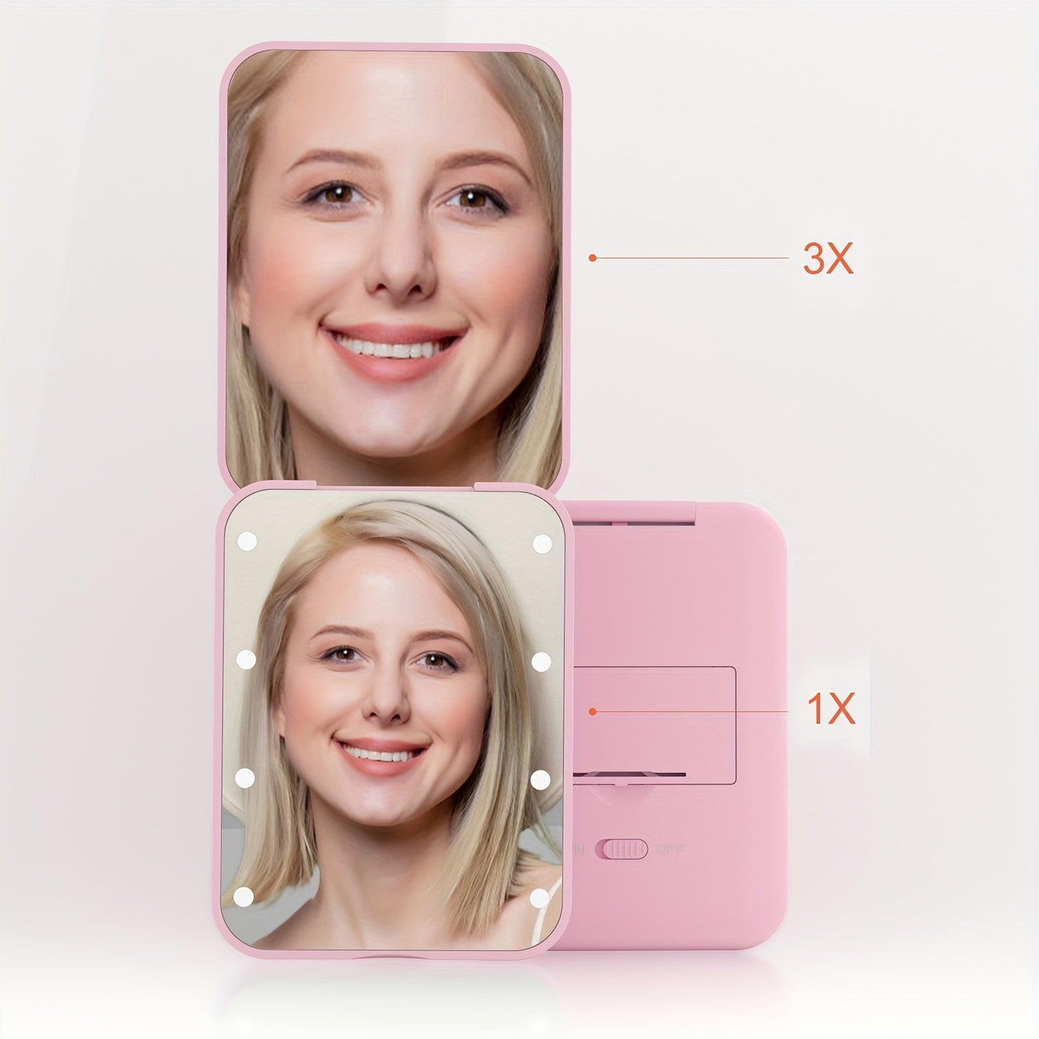 [LED Travel Makeup Mirror] Compact, Double-Sided, 1X/3x Magnified LED Mini Travel Makeup Mirror - Portable, Folding, Hand-Held, Small Lighting, Unscented, Plastic Surface, Non-Rechargeable Button Battery (Diameter≥20mm) Pow