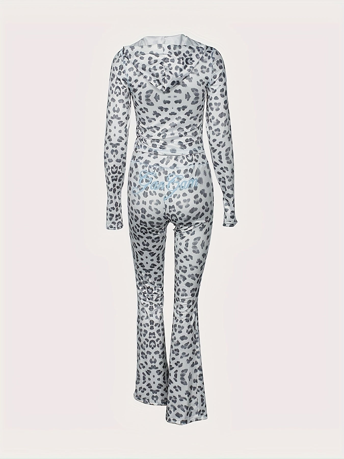 Siliki 2024 Fall All-in-One Sexy Leopard Print Hooded Long-Sleeve Cardigan Top and Pants Suit - Casual Style with Zipper Detail, Polyester Blend, Casual Attire|Leopard Print Suit|Zippered Hoodie, Leopard Print Clothing