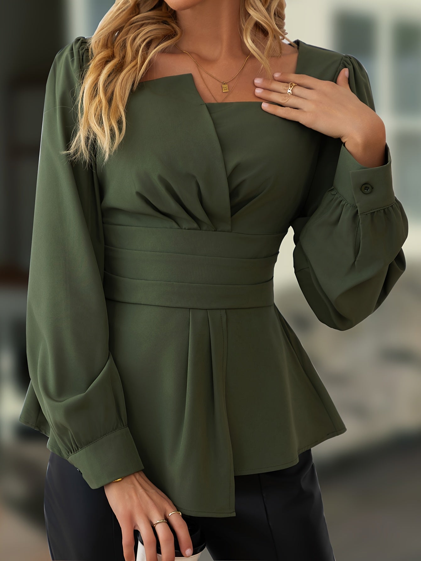 Elegant Asymmetrical Hem Blouse for Women, Solid Color Long Sleeve Polyester Shirt with Conventional Collar and Puff Sleeves, Woven Spring/Fall Top, Autumn Fashion|Asymmetrical Hemline|Quality Weave