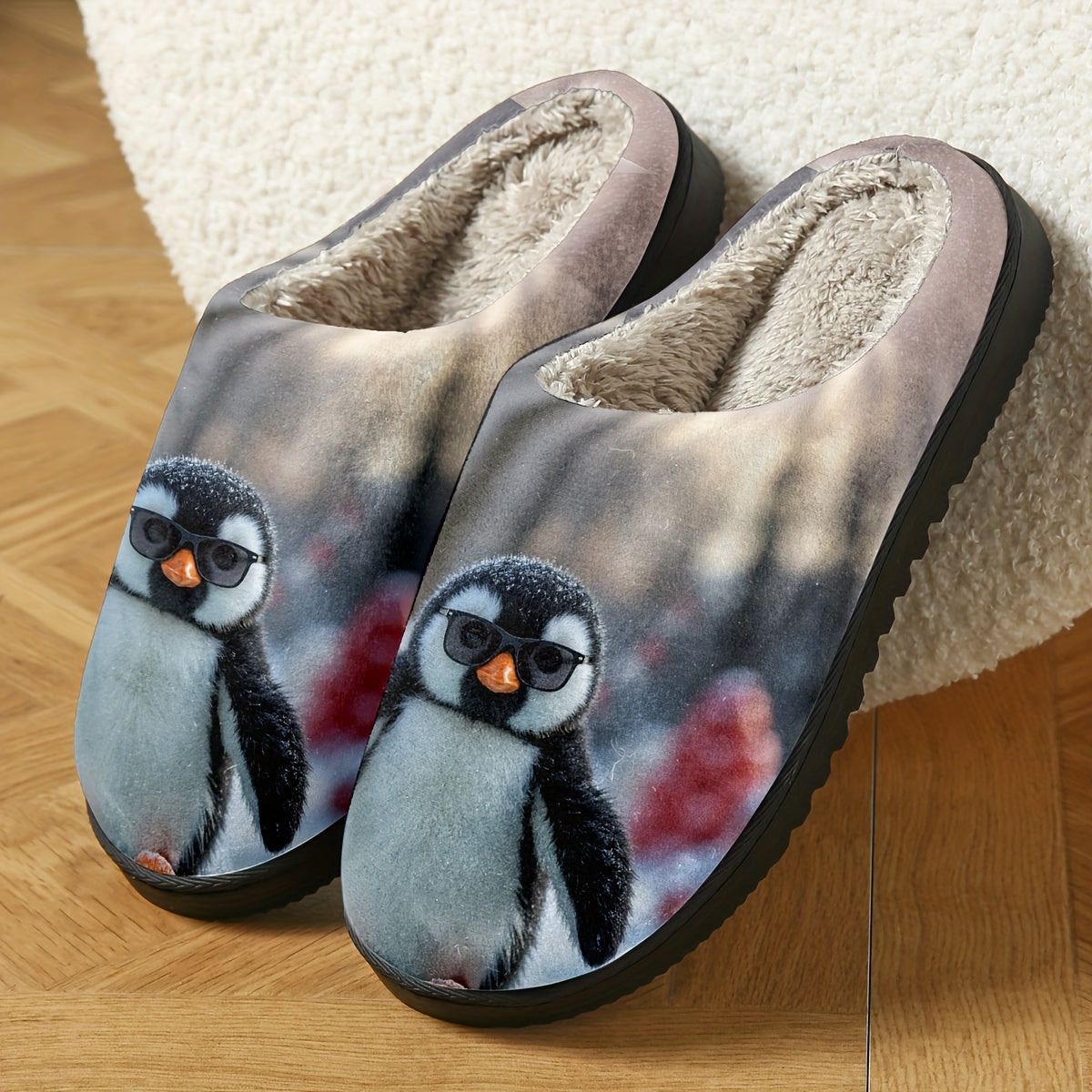 Women's Penguin Print Slip-On Slippers - All-Season Indoor House Shoes with Soft Fabric Upper & TPR Sole, Cute Animal Design for Cozy Home Comfort, Cute Slippers