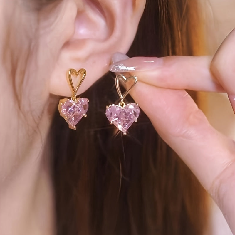 3pcs Y2K-Inspired Pink Heart Bling Jewelry Set - Sparkling Earrings and Necklace, Perfect for Daily Wear, Dates, Vacations & Parties, Date Night Jewelry|Heartshaped Bling|Goldtone Alloy, Jewelry & Accessories
