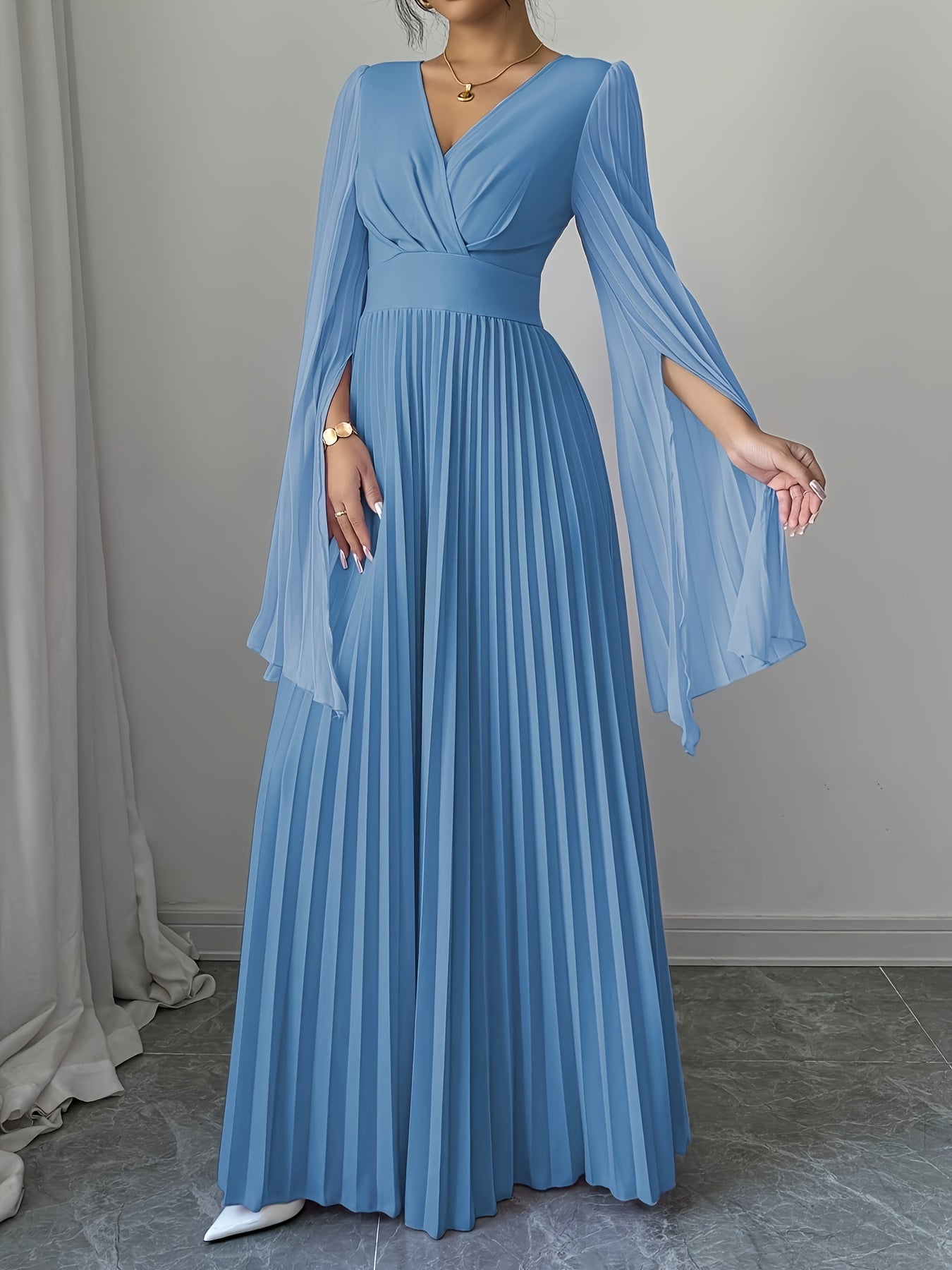 Elegant V-Neck Ruffle Sleeve Maxi Dress - Deep Red, Long Flowing Gown with Puffy Sleeves, Perfect for Parties & Formal Events, Formal Attire|Ruffle Detail|Vneckline