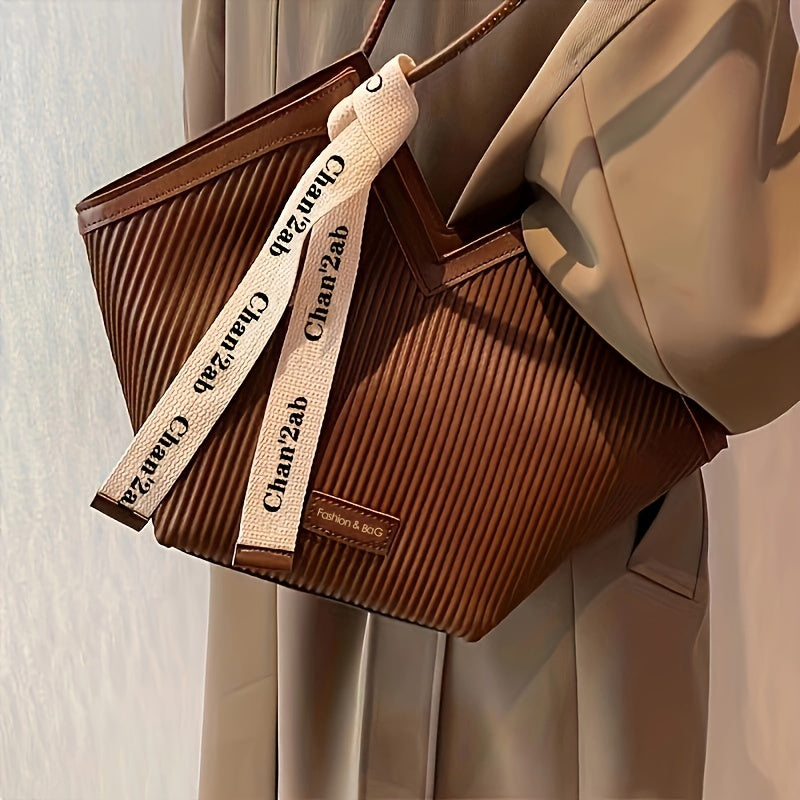 Chic Love-Themed Tote Bag - High-Capacity Beige & Black Design with Ribbon Accent, Versatile for Work and Casual Use, Durable PU Material, Zip Closure