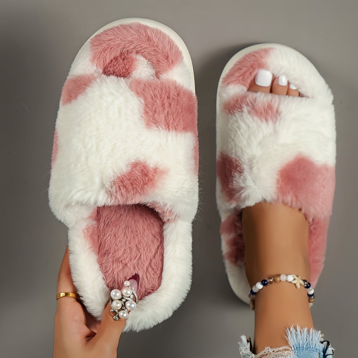 [Cozy Furry Slippers] Comfy Fluffy Furry House Slippers - Single Band Open Toe Platform Fuzzy Shoes - Cozy Warm Home Slippers