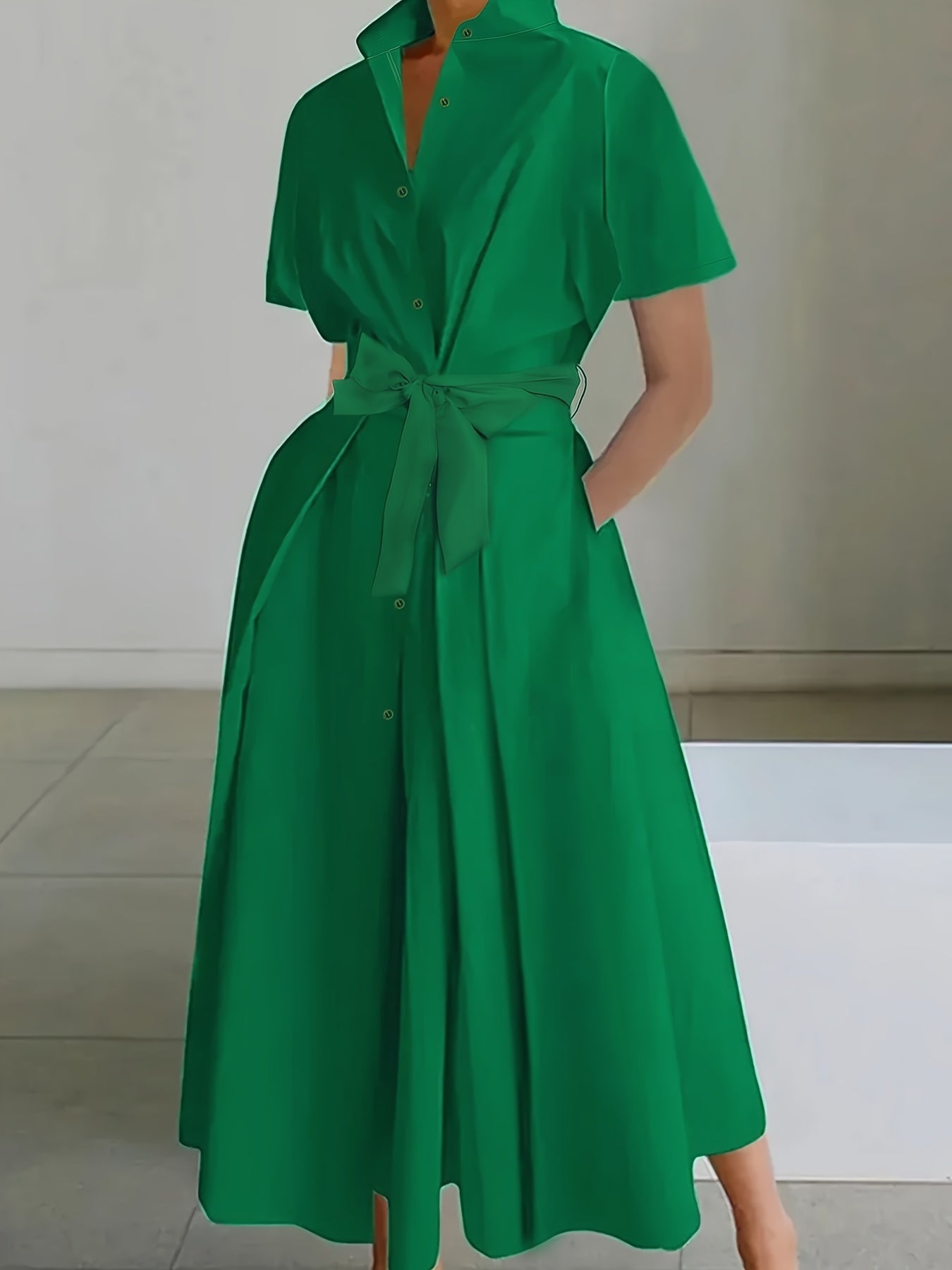 Solid Color Button Front Short Sleeve Dress for Women, Spring & Summer Elegant Dress