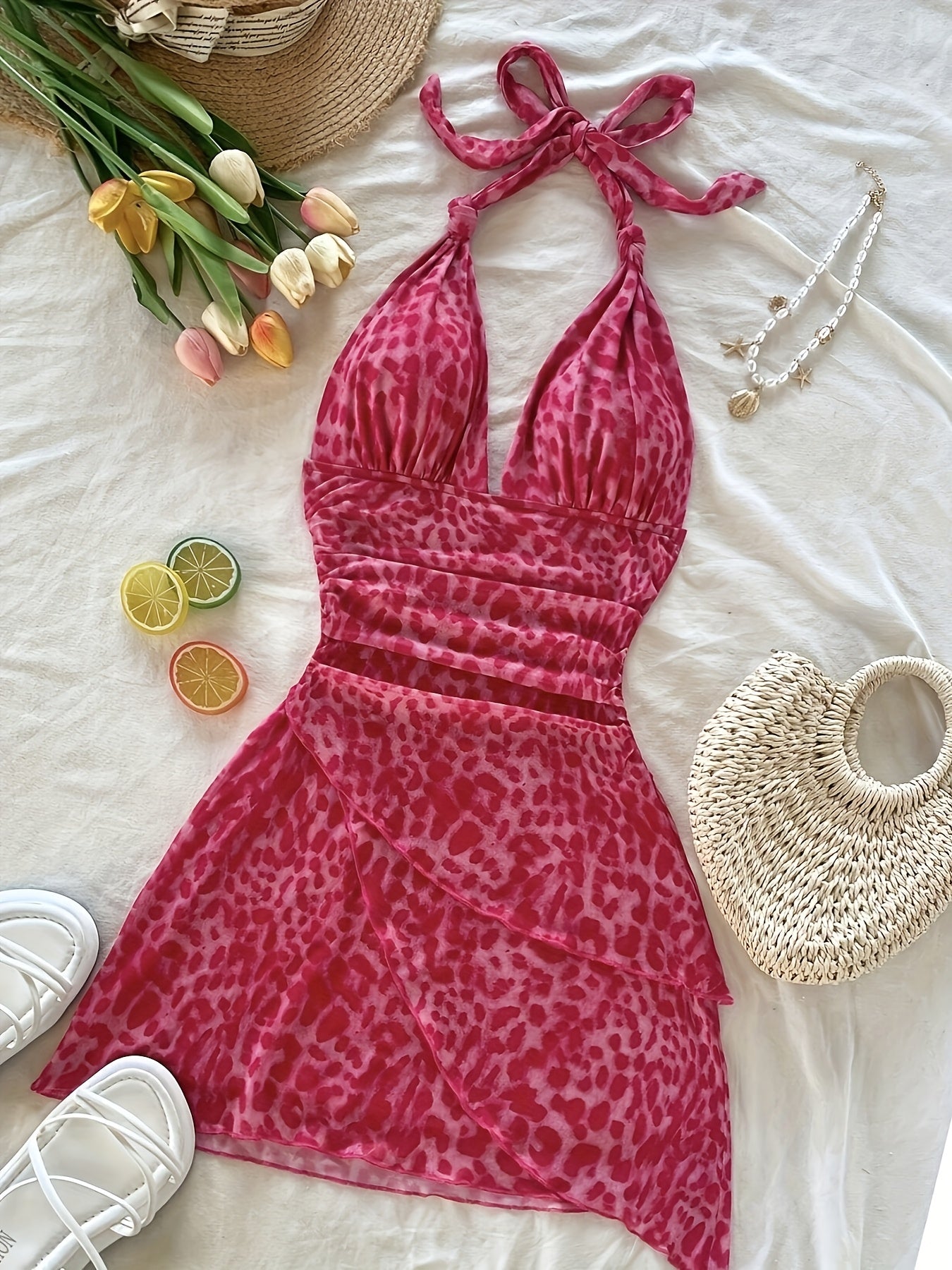 Women's Summer Sleeveless V-Neck Leopard Print Dress - Lightweight Semi-Sheer Ruffled Hem, Machine Washable Stretchy Spaghetti Strap Casual to Evening Outfit