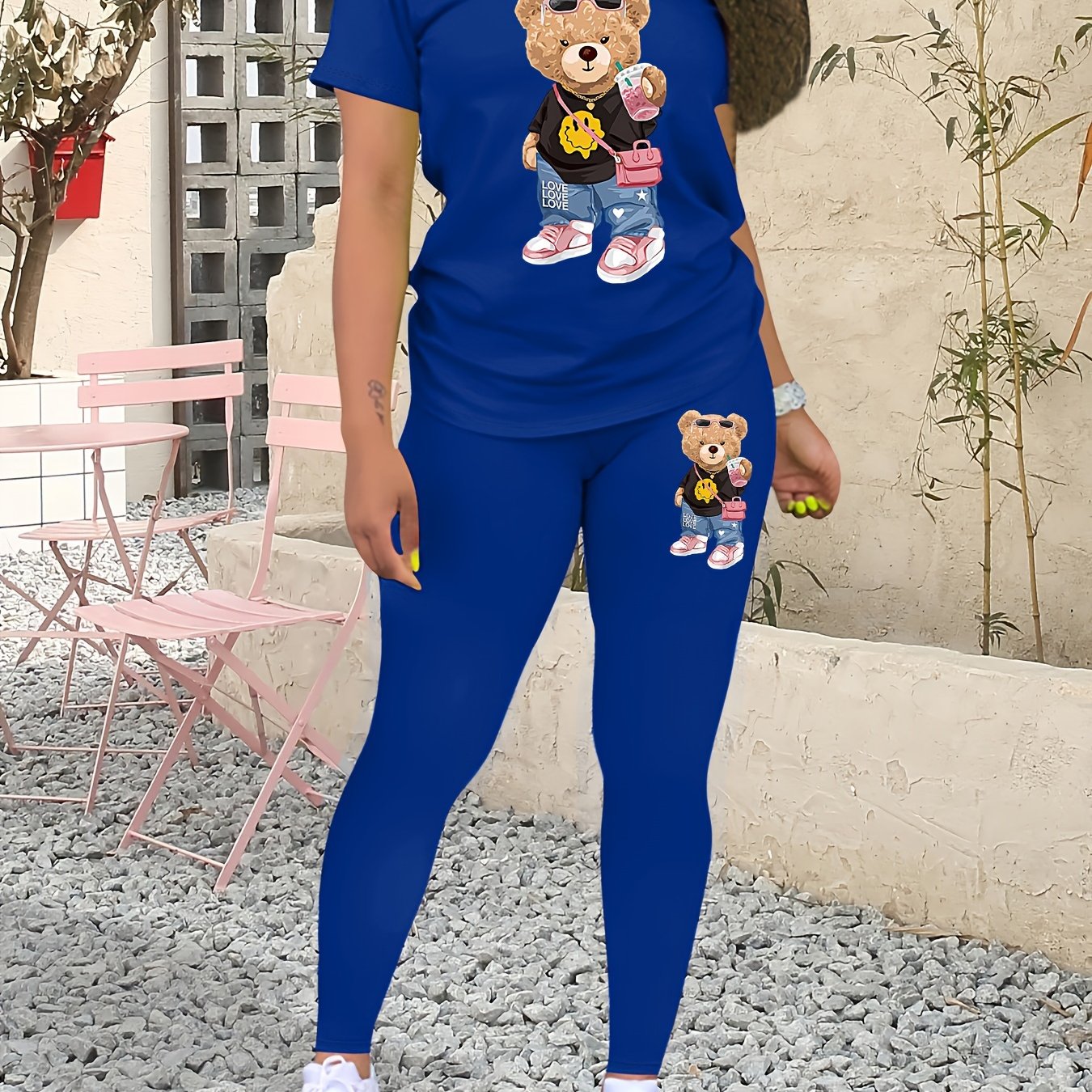 Casual Teddy Bear Print Two-piece, Crew Neck Short Sleeve T-shirt & Skinny Leggings Outfits, Women's Clothing