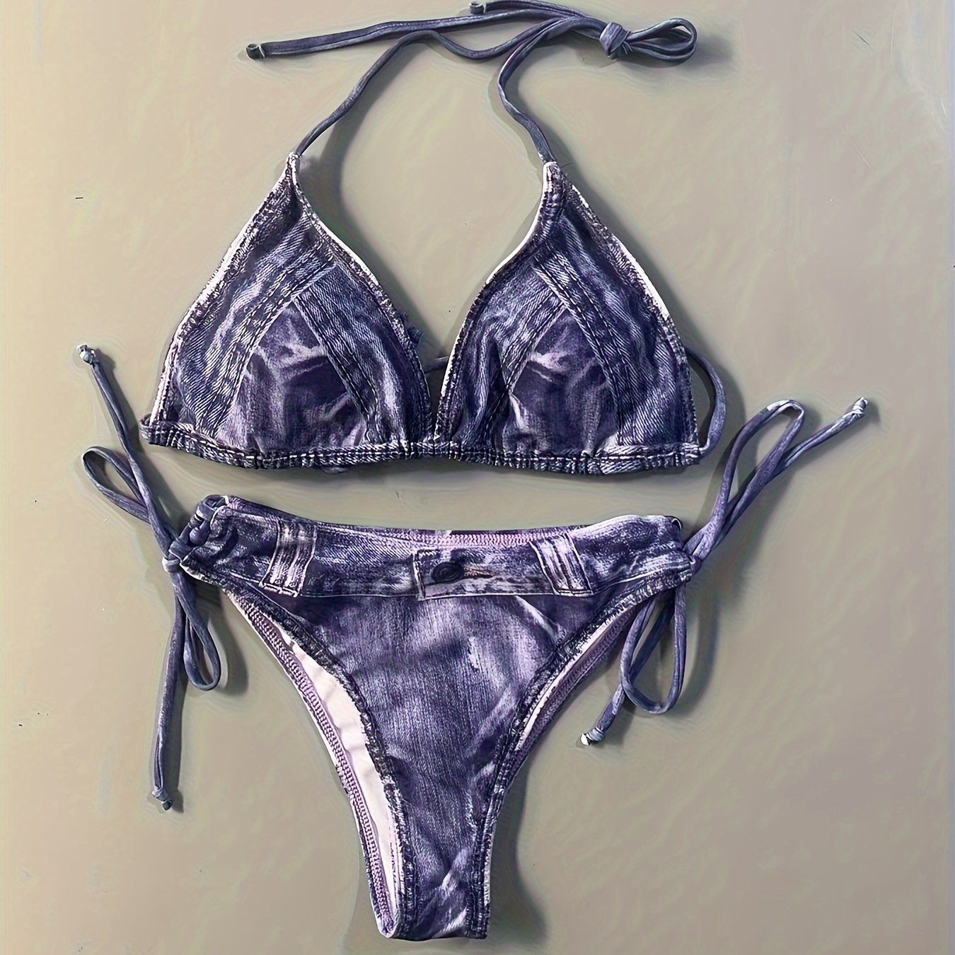 2 Piece Faux Denim Print Triangle Bikini Set - Tie Strap Halter Backless Design, Adjustable Straps, Ruffled Trim, Women's Swimwear & Clothing for Summer Beach Vacation
