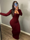 Women's Long Sleeve Bodycon Midi Dress - Elegant Brown, Stretchy Polyester/Spandex Blend, Machine Washable, Perfect for Spring/Summer/Fall Events, |Elegant Long Sleeve|Knit Construction