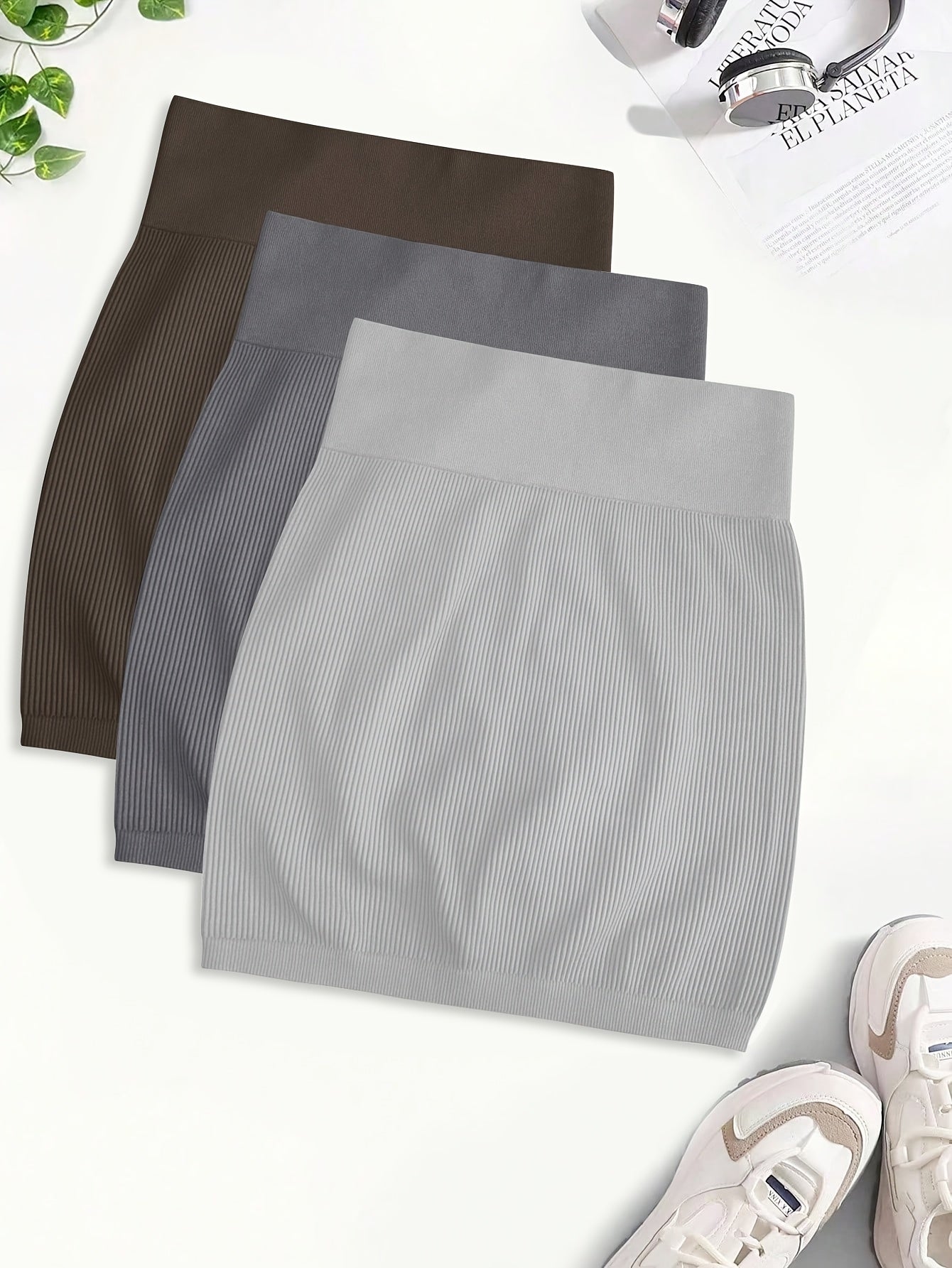 3pcs Women's Seamless High-Waisted Sports Skirts, Solid Color Knit Fabric, Rib-Knit Detail, Bodycon Fit, Stretchy Polyamide 90% Elastane 10%, All-Season Casual Wear