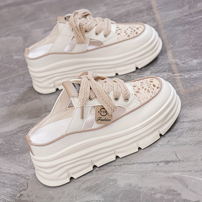 Women's Stylish Thick-Sole Platform Sandals - White & Orange, Round Toe, PU Cover, Lace-Up Design, Summer Outdoor Shoes with Rubber Sole for Added Height, Ladies Sandals