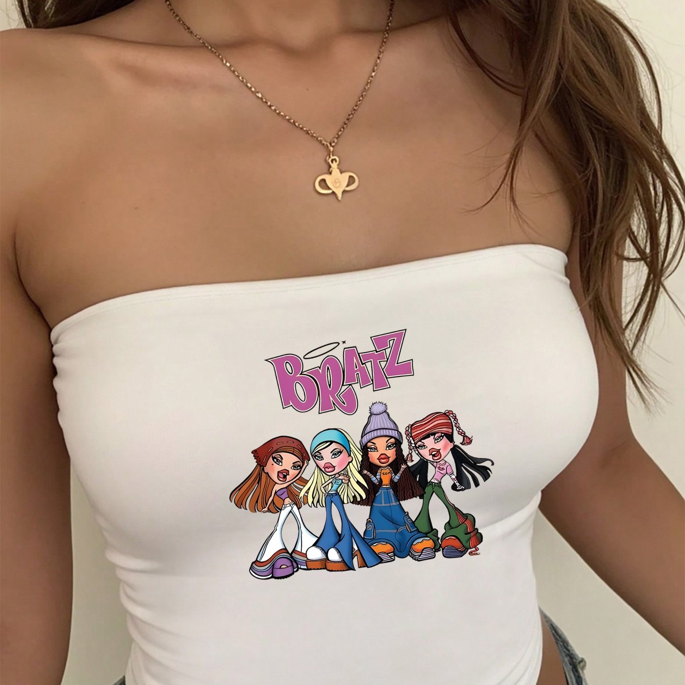 Y2K Hot Summer Stretchy Tube Top for Women - 220gsm High Elasticity Crop Top with Cartoon Graphic & Bold Letter Print, Machine Washable Casual Streetwear for Spring Summer Fall, Highelasticity Fabric