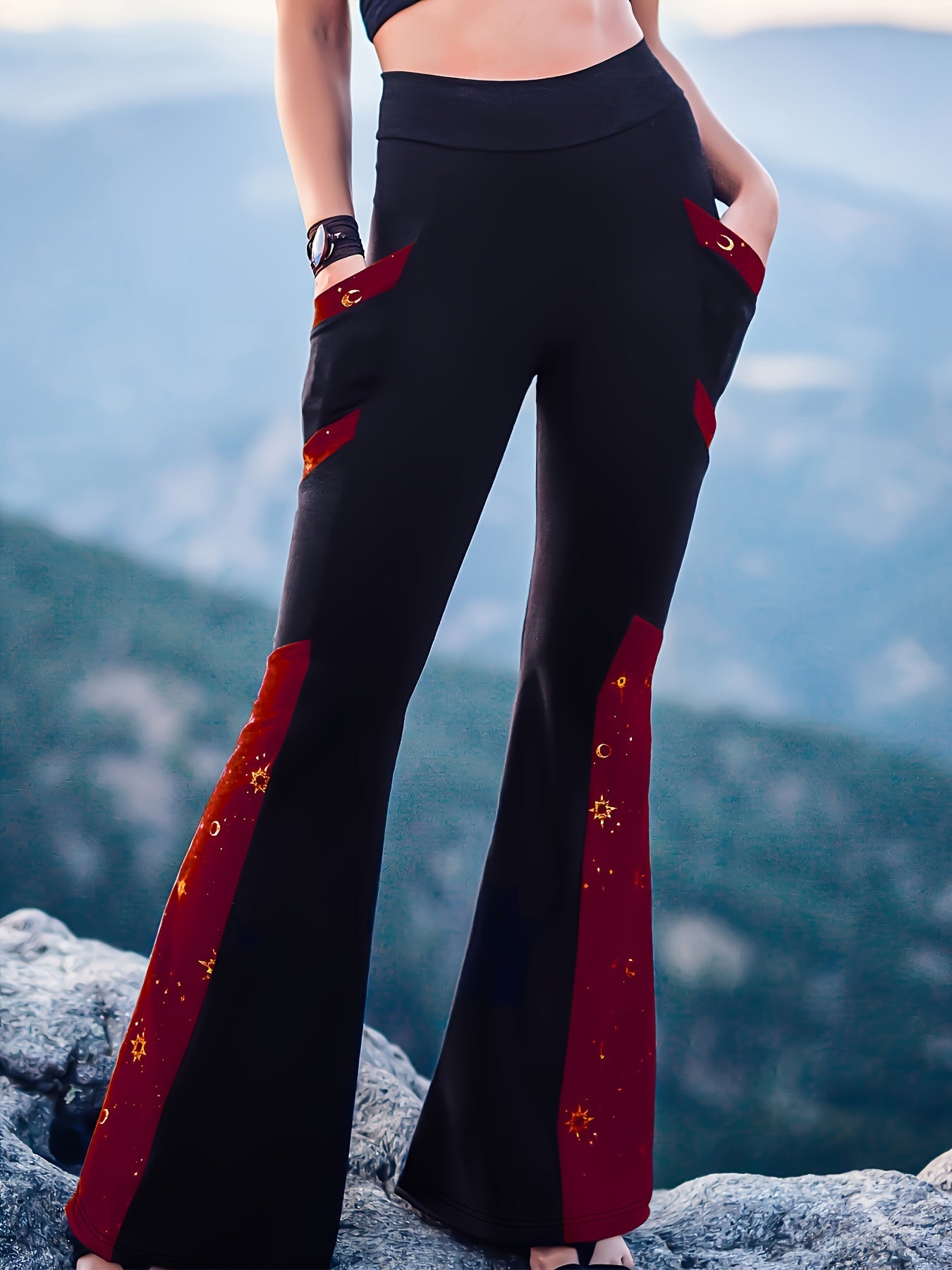 Plus Size Moon Print Flared Pants with Pockets, Casual Spring/Fall Women's Clothing