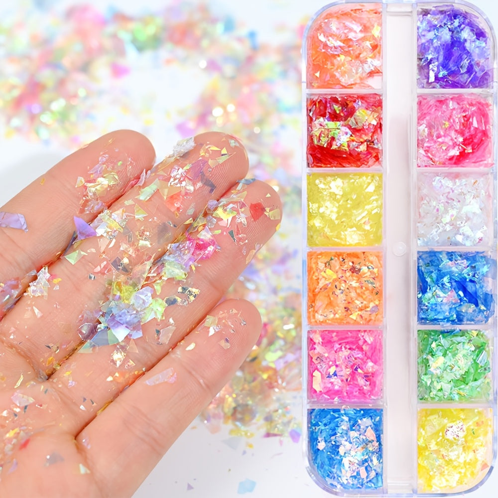 12Grid Nail Art Sequins - Ultra-Thin Large Sequins, Luminous Irregular Cut Glitter Pieces Holographic Rainbow Colors for Sparkly Manicures