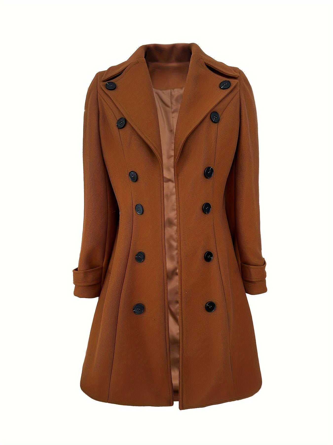 Elegant Solid Color Double-Breasted Overcoat for Women - Polyester, Machine Washable, Non-Stretch Fabric - Perfect for Fall/Winter