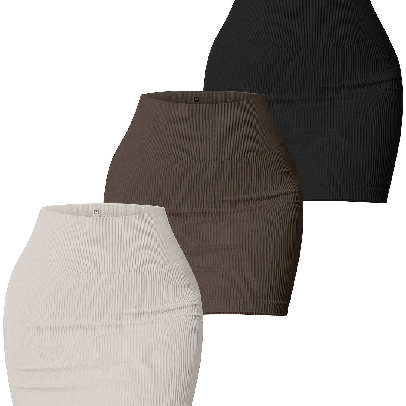 3pcs Women's Seamless High-Waisted Sports Skirts, Solid Color Knit Fabric, Rib-Knit Detail, Bodycon Fit, Stretchy Polyamide 90% Elastane 10%, All-Season Casual Wear