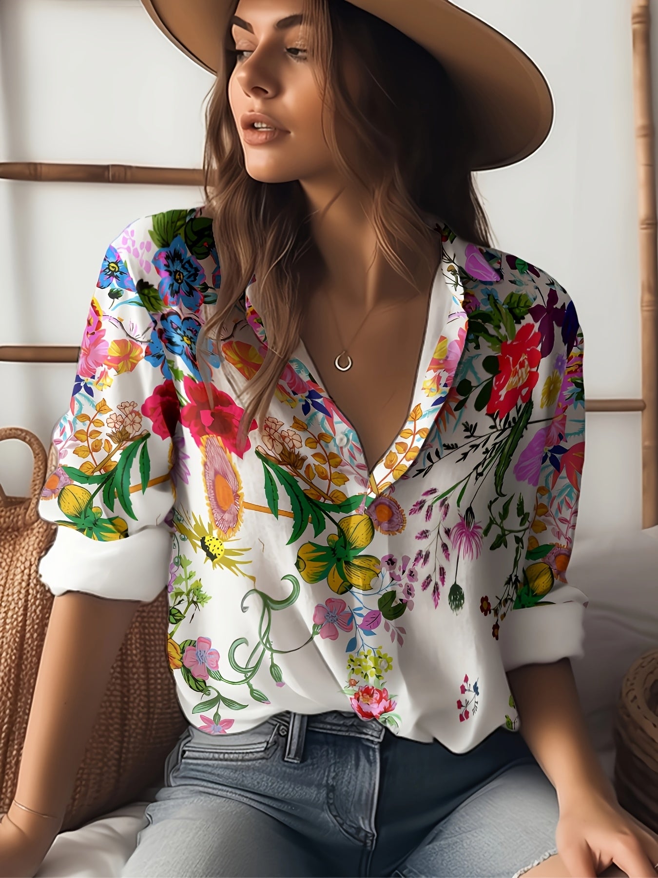 Women'S Floral Print Long Sleeve Shirt, Casual Polyester 100% Woven Blouse, Lapel Collar, Spring/Fall Season, 110g/m² Fabric Weight, Adult Fashion