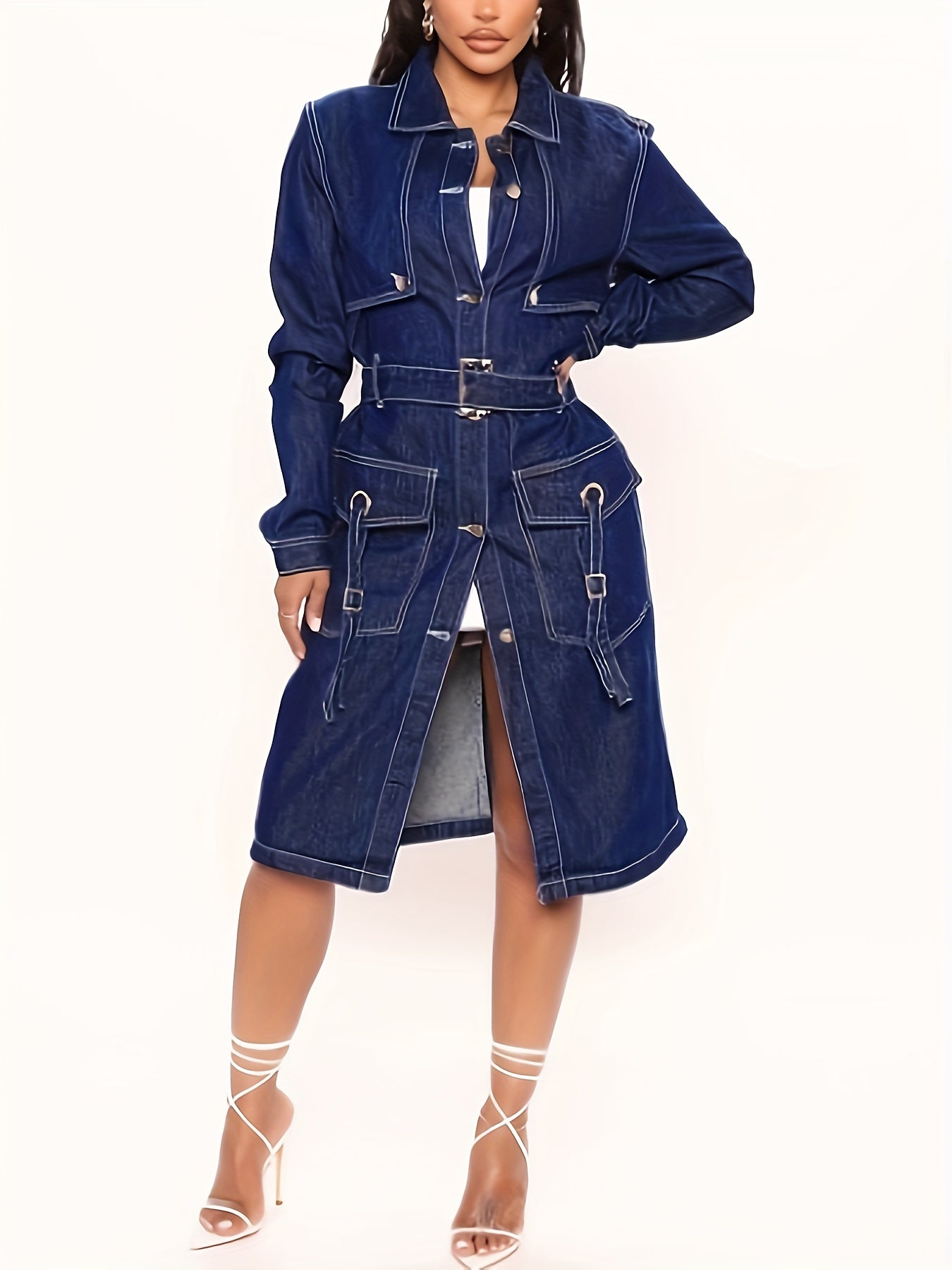 Chic Women's Long Denim Trench Coat with Belt - Classic Button-Up, Long Sleeve Jean Jacket for Spring/Fall