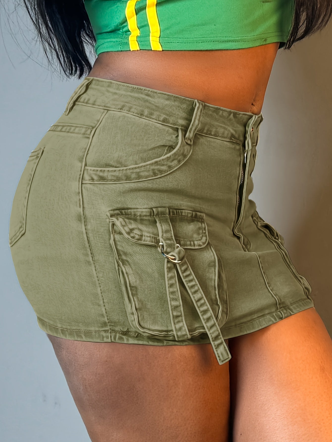Women's Y2K Style Low-Rise Mini Denim Skirt - High Stretch, Button Fly with Pockets, Olive Green, Sexy & Functional Design for Summer, Mini Skirt