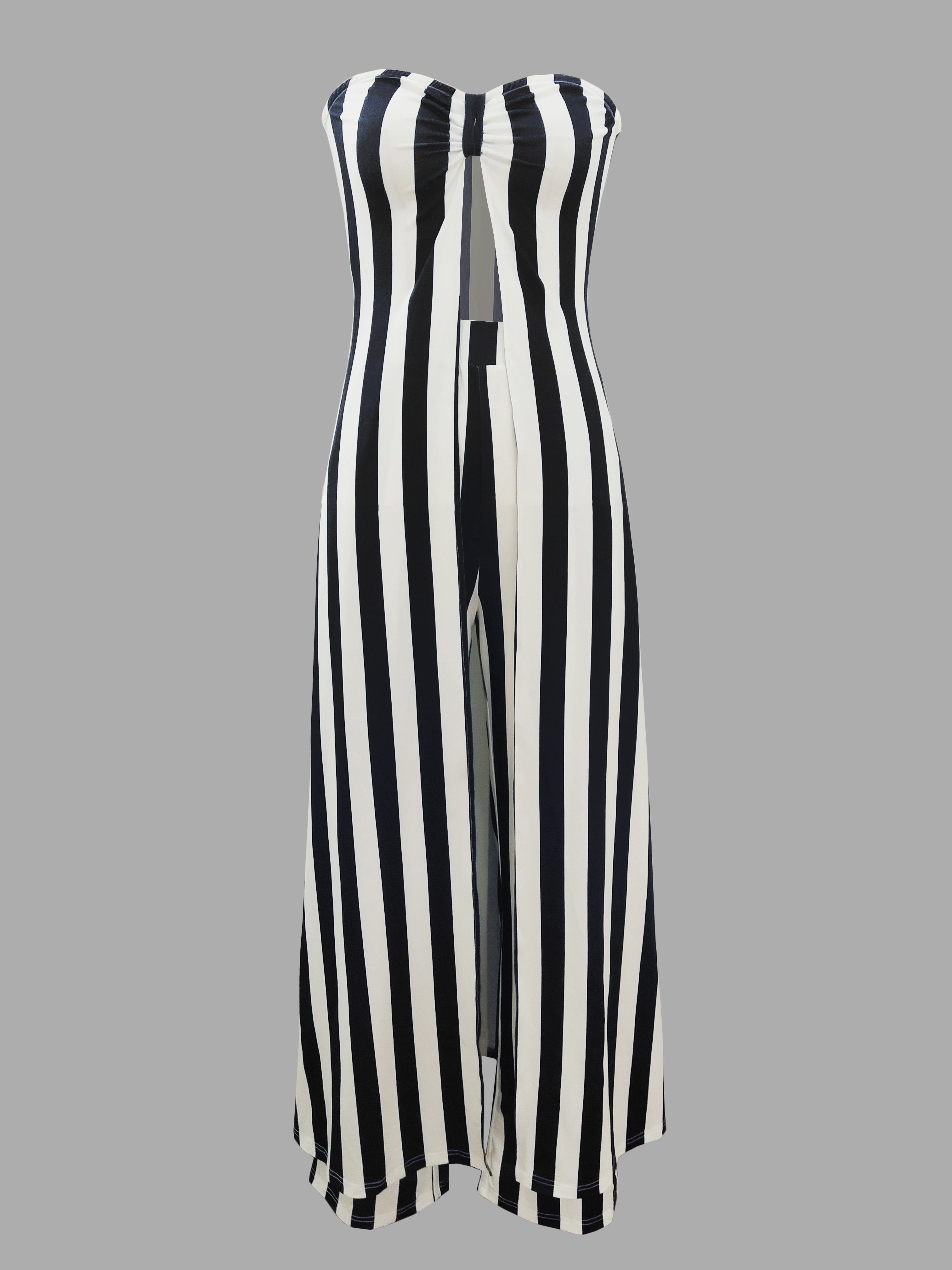 Casual Stripe Print Pants Set, Sweetheart Neck Split Hem Longline Tube Top & High Waist Flare Leg Pants Outfits, Women's Clothing