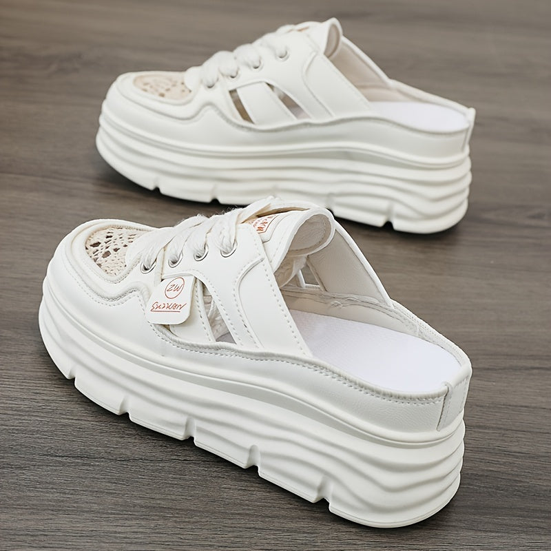 Comfortable Breathable Women's Platform Mule Sneakers, Casual Cutout Design Lace Up Summer Shoes
