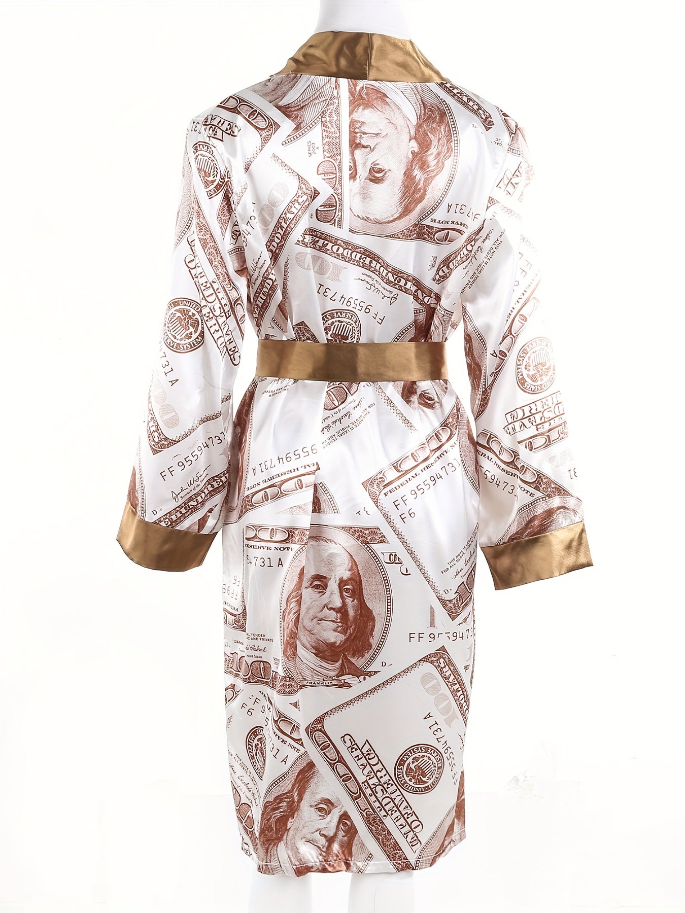 Women's Luxe Satin Robe with Golden Trim & Dollar Print - Long Sleeve V-Neck Kimono Bathrobe Sleepwear with Belt, Soft Polyester Fabric, Machine Washable, Ladies Bathrobe