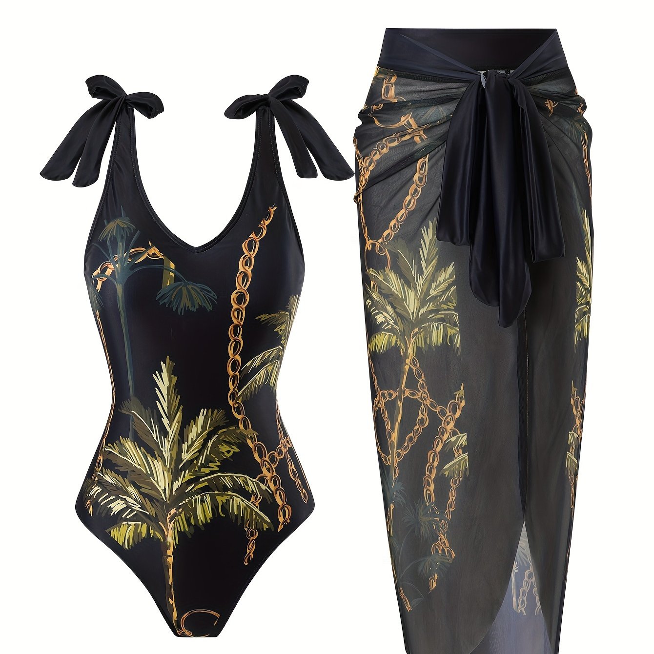 Green Coconut Tree Print Seamless V-Neck Tie-Dye Gauze Skirt Two-Piece Women's Sunscreen Suit
