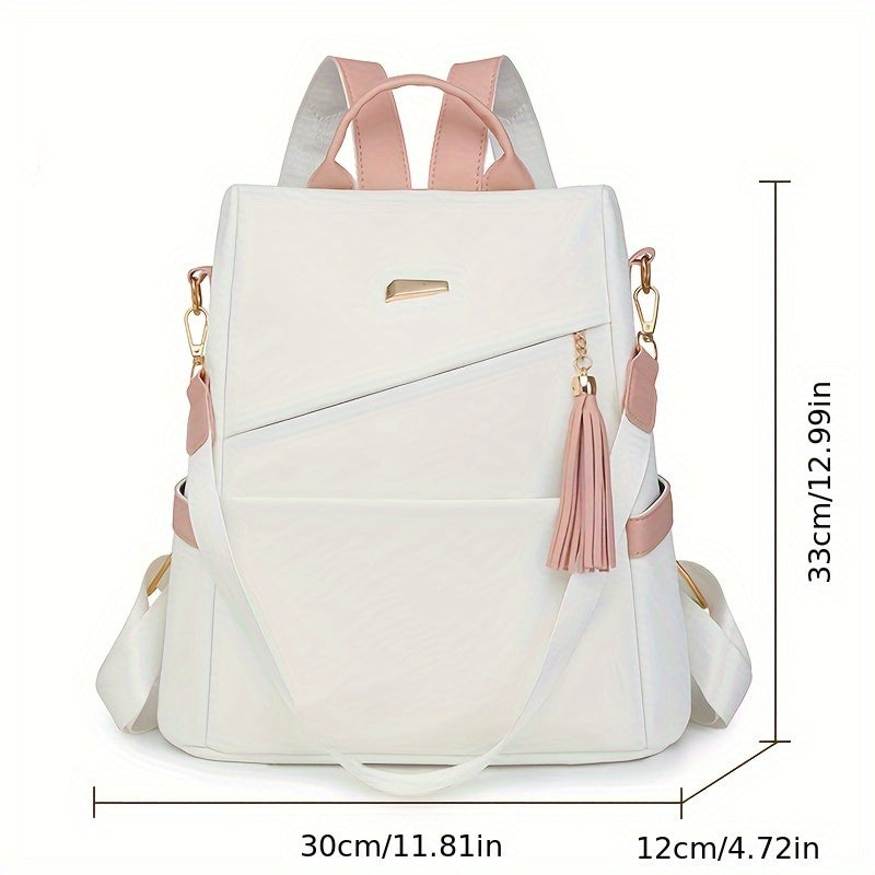 [Travel Ready] Elegant Women's Anti-Theft Lightweight Backpack - Chic White with Pink Accents, Large Capacity, Adjustable Straps, Tassel Detail, PU Material, Perfect for Travel & Daily Use