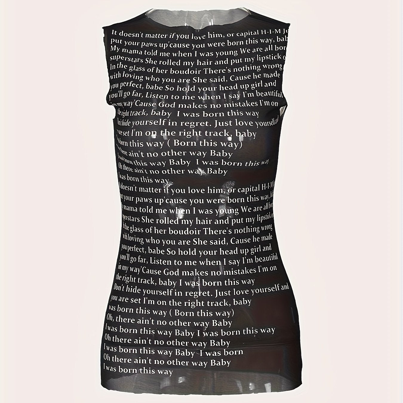 Women'S See-Through Letter Print Sleeveless Top - Stretchy Mesh Fabric, Round Neck, Sexy Backless Design for Club & Casual Wear, Spring Fashion Tee, Versatile Clothing | Backless Fashion | Mesh Fabric Top