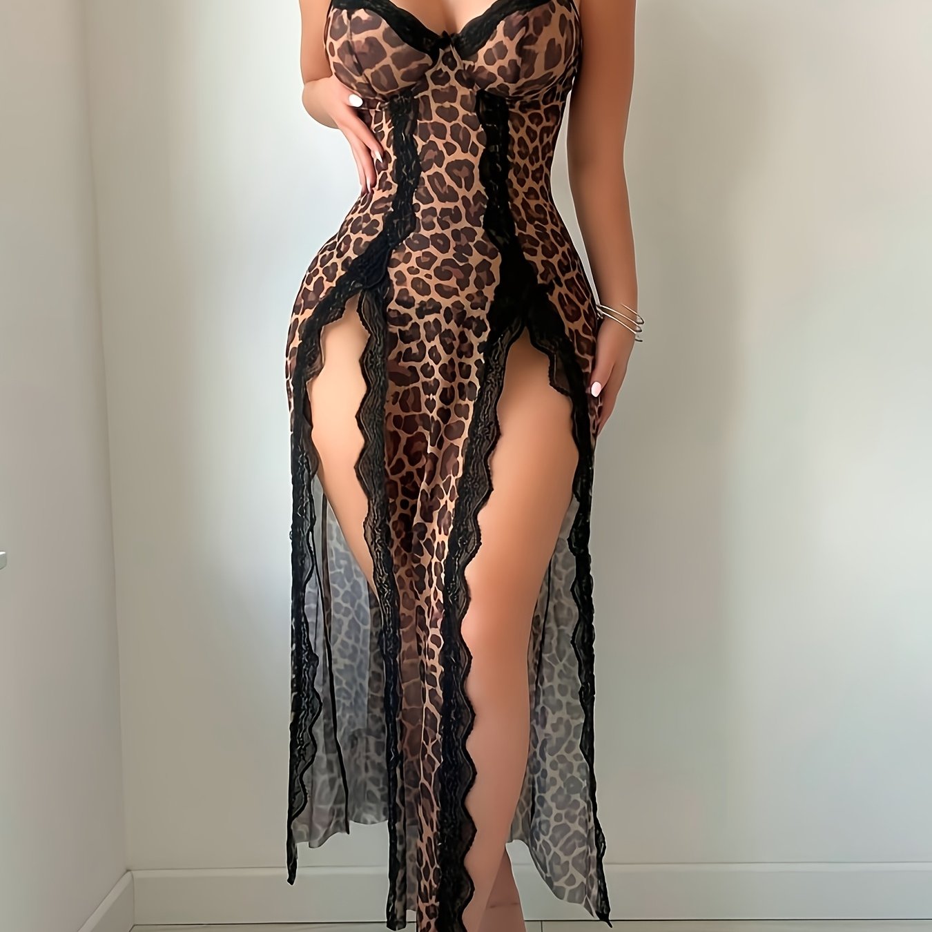 Women'S Sexy Mature Leopard Print Mesh Lace Stitching Tempting Split Date Night Pajama Slip Dress + Thong Two-piece Set