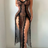 Women'S Sexy Mature Leopard Print Mesh Lace Stitching Tempting Split Date Night Pajama Slip Dress + Thong Two-piece Set