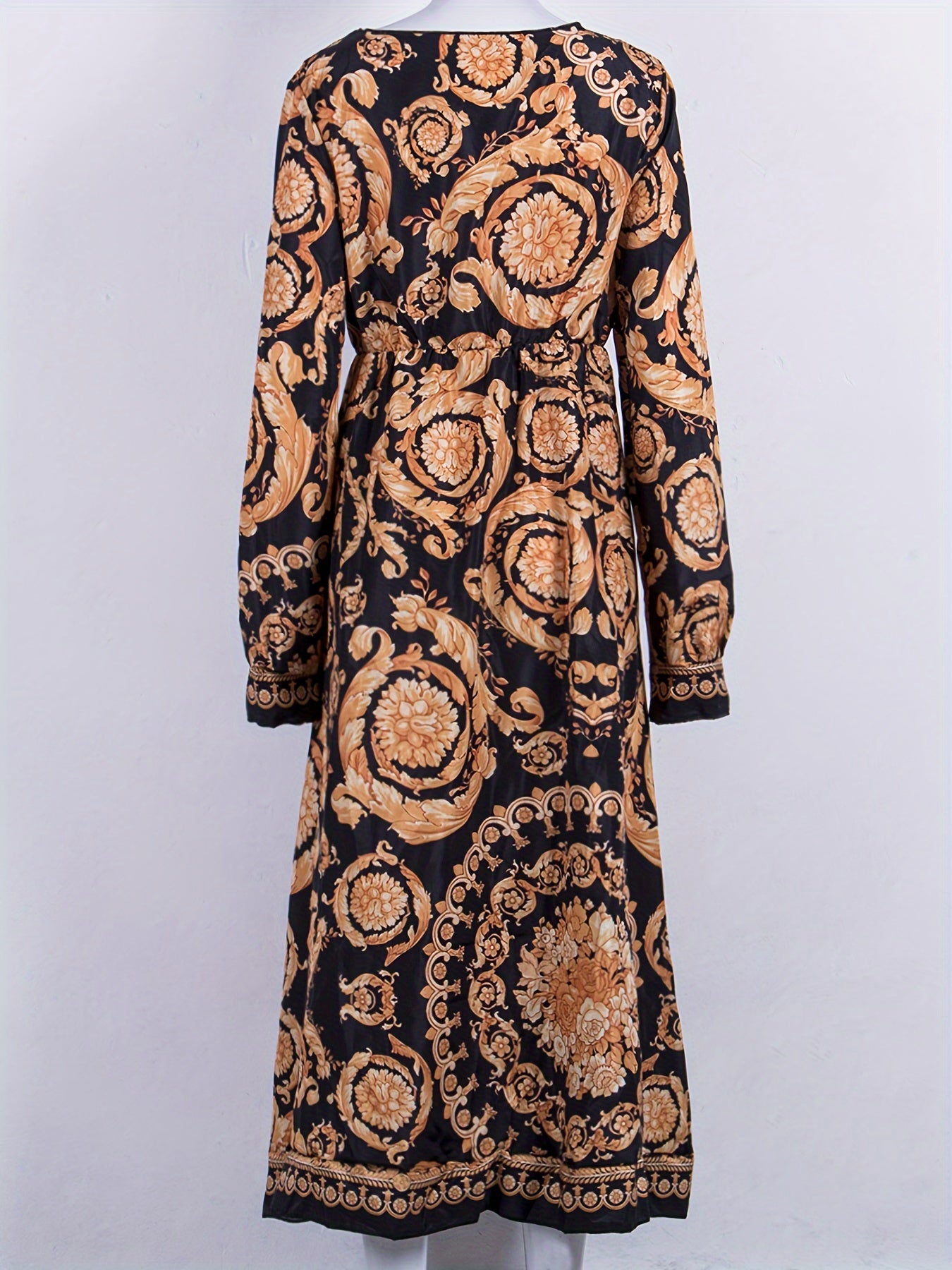 Women Bohemia Dress Long Sleeve Deep V-Neck High Split Long Dress Dress Beach Vacation Sundress