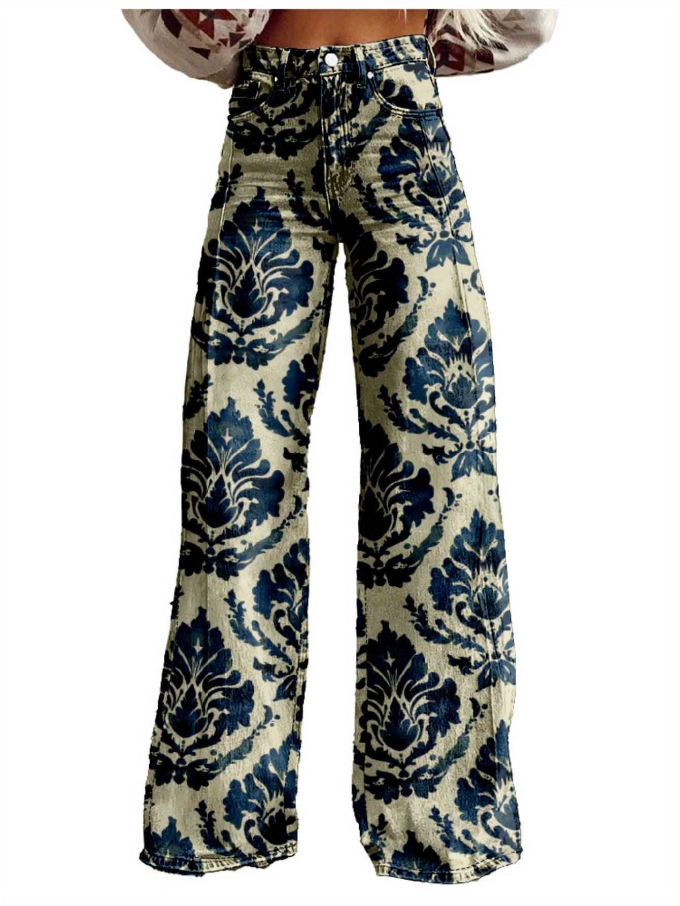 3D Printed Women's High-Waisted Wide Leg Pants - Abstract Floral Print Y2K Style Loose Baggy Flared Floor-Length Trousers, Polyester Casual Comfortable Machine Washable for Spring & Autumn, Spring Fall Attire | Y2K Fashion |