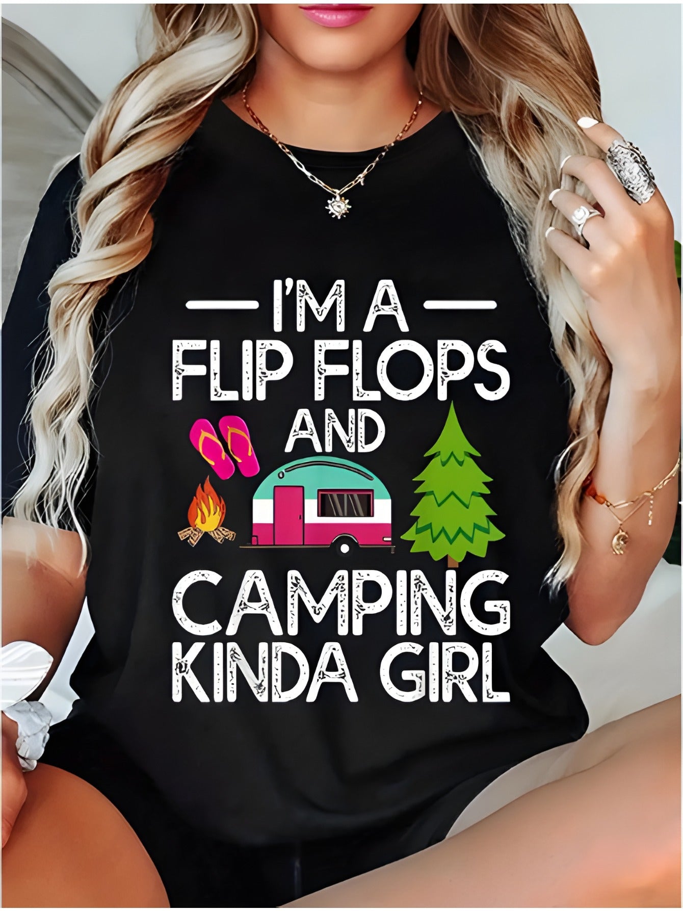 Women's "I'm a Flip Flops & Camping Kinda " Graphic T-Shirt - 100% Cotton Short Sleeve, Loose Casual Fit, Machine Washable Spring Summer Top with Campfire, Pine Trees & Vintage Camper Design - Perfect Holiday Gift, Outdoor Ad