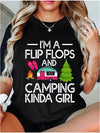 Women's "I'm a Flip Flops & Camping Kinda " Graphic T-Shirt - 100% Cotton Short Sleeve, Loose Casual Fit, Machine Washable Spring Summer Top with Campfire, Pine Trees & Vintage Camper Design - Perfect Holiday Gift, Outdoor Ad