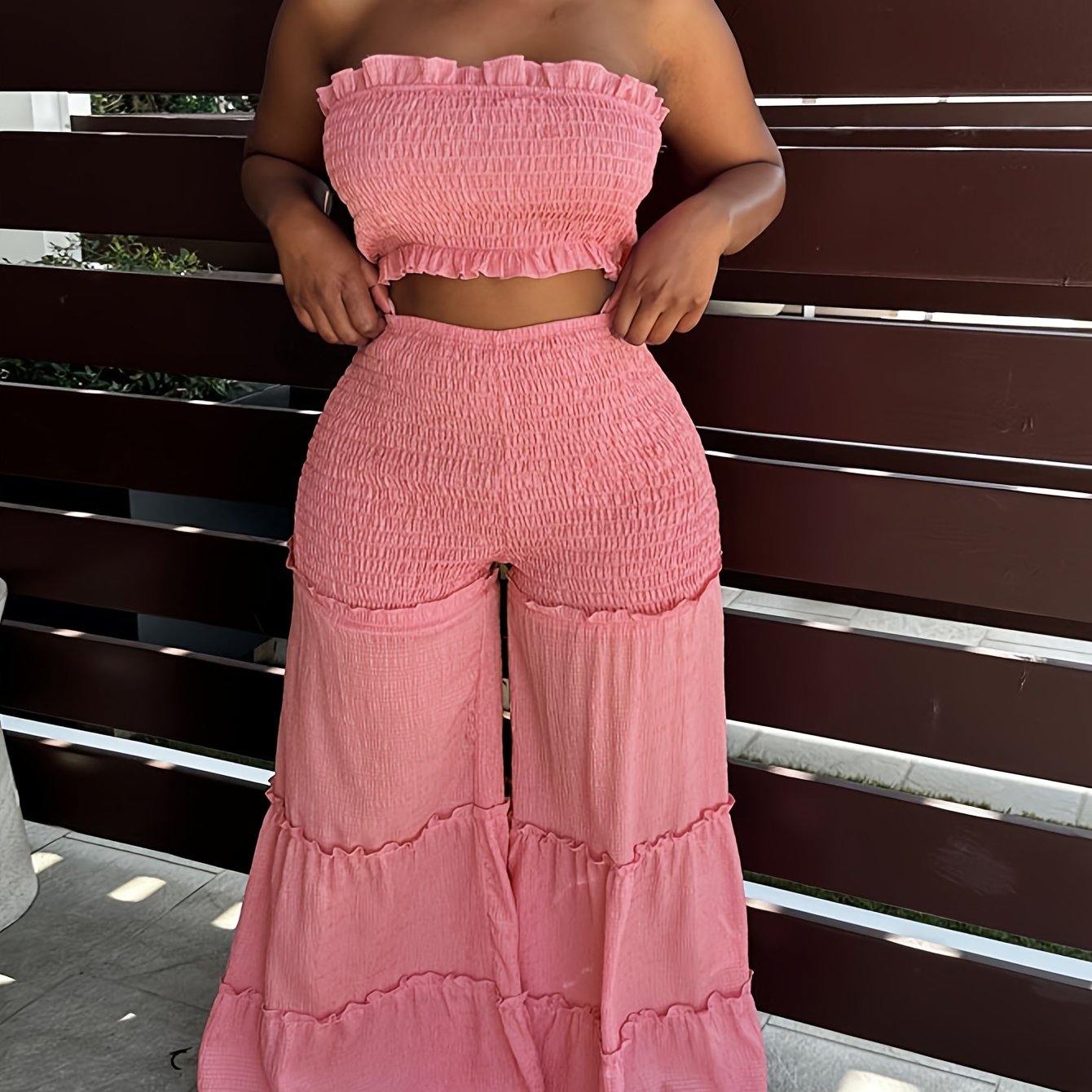 Elegant V-Neck High-Waist Wide Leg Two-Piece Set with Ruched Detail - Sexy Corset & Strapless Top, Polyester Blend, Perfect for Spring/Summer, Chic Outfit|Vneck Top|Polyester Blend
