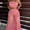 Elegant V-Neck High-Waist Wide Leg Two-Piece Set with Ruched Detail - Sexy Corset & Strapless Top, Polyester Blend, Perfect for Spring/Summer, Chic Outfit|Vneck Top|Polyester Blend